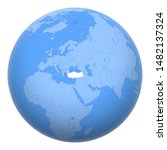 Turkey on the globe. Earth centered at the location of the Republic of Turkey. Map of Turkey. Includes layer with capital cities.