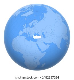 Turkey on the globe. Earth centered at the location of the Republic of Turkey. Map of Turkey. Includes layer with capital cities.