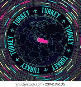 Turkey on globe. Satelite view of the world centered to Turkey. Bright neon style. Futuristic radial bricks background. Astonishing vector illustration.