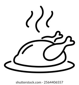 A turkey on a plate, representing festive meals, holiday feasts, and traditional dining round line vector icon with editable stroke 