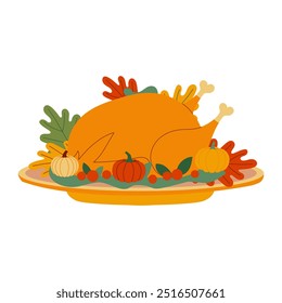 A turkey is on a plate with a variety of vegetables including squash, carrots, and celery