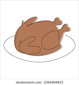 Turkey on platter drawn in one continuous line in color. One line drawing, minimalism. Vector illustration.