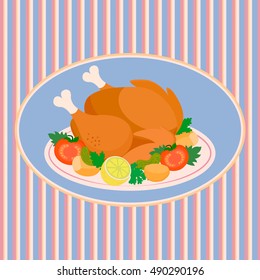 The turkey on a platter with tomatoes, gherkins, potatoes and lemon on the background of the tablecloth