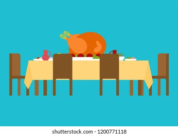 Turkey on table for thanksgiving day. National Family Autumn holiday