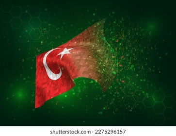 Turkey, on vector 3d flag on green background with polygons and data numbers