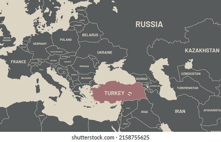 Turkey on world map. Turkey colored differently from other countries. Vector map design