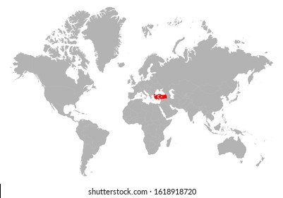 Turkey on world map. Very detailed hand-drawn world map. Turkey on world map. The location of the country of Turkey on the world map.