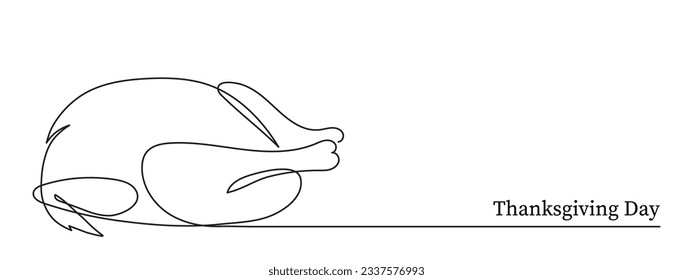 Turkey one line art, fried poultry meat continuous contour drawing,hand-drawn Thanksgiving Day traditional food,hot dish outline festive design decoration.Editable stroke.Isolated.Vector illustration