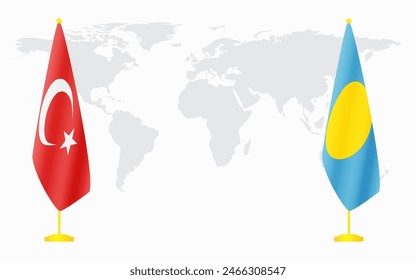 Turkey and Palau flags for official meeting against background of world map.