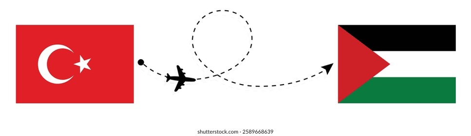 Turkey to Palestine Flight Travel by Air. Ankara to Ramallah Flight Travel Concept Vector Art. Turkey and Palestine Flags Together.