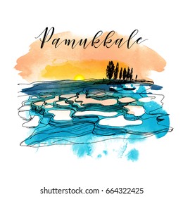 Turkey. Pamukkale.Watercolor vector background.