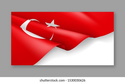 Turkey patriotic horizontal web banner with 3d flag. Realistic fluttering turkish flag on white background. Turkey national day vector card with empty space. Official holiday celebration.