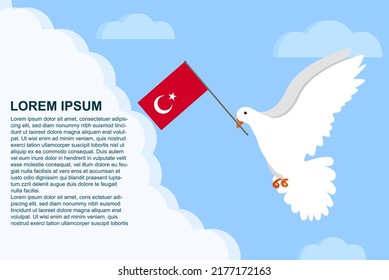 Turkey peace concept with text area, Dove of Peace bird with Turkey flag in its beak, dove flying in the clouds, vector illustration design, Turkey peace day template, freedom idea