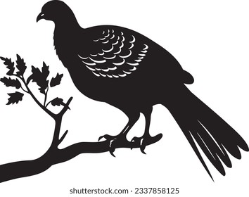 Turkey perched on a tree branch, Basic simple Minimalist vector graphic, isolated on white background, black and white