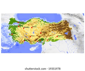 Turquía. Mapa vectorial físico, coloreado según la elevación, con profundidades oceánicas y ciudades seleccionadas. El territorio circundante se apagó. 59 capas, totalmente editables. Origen de datos: NASA