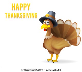 Turkey in pilgrim hat happy thanksgiving holiday celebration 3d cartoon design character vector illustration