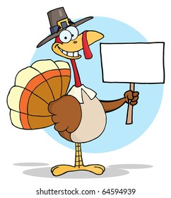  Turkey With Pilgrim Hat Holding A Blank Sign