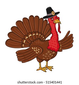 turkey in a pilgrim hat, isolated on the white background. Design element for Thanksgiving