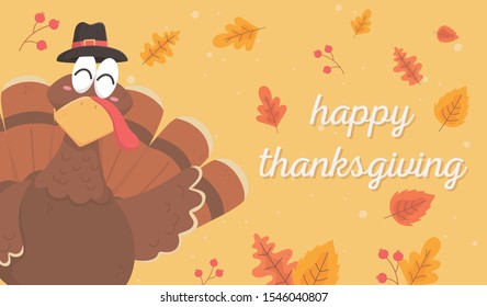 turkey with pilgrim hat leaves happy thanksgiving celebration vector illustration
