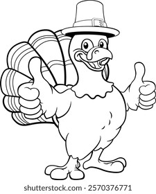 A turkey pilgrim hat Thanksgiving cartoon bird Christmas mascot giving a thumbs up