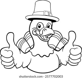 A turkey pilgrim hat Thanksgiving cartoon bird Christmas mascot giving a thumbs up