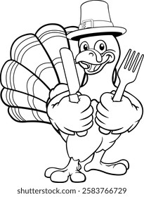 A turkey pilgrim hat Thanksgiving cartoon bird Christmas mascot holding a knife and fork