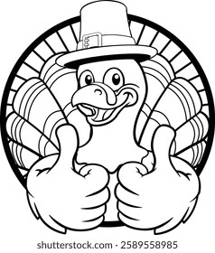 A turkey pilgrim hat Thanksgiving cartoon bird Christmas mascot giving a thumbs up