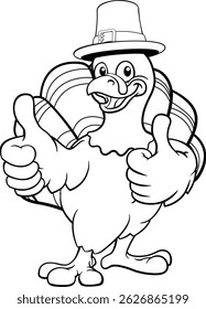 A turkey pilgrim hat Thanksgiving cartoon bird Christmas mascot giving a thumbs up
