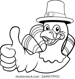 A turkey pilgrim hat Thanksgiving cartoon bird Christmas mascot giving a thumbs up