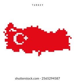 Turkey pixel flag map icon. 8 bit pixel art Turkish map covered with flag. Flat vector illustration isolated on white background.