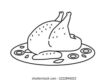 Turkey Platter in Outline Art style. Traditional Thanksgiving or Christmas Food preparation. Editable Clip Art.