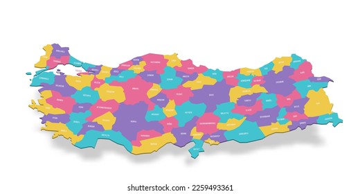 Turkey political map of administrative divisions - provinces. 3D colorful vector map with name labels.