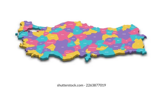 Turkey political map of administrative divisions - provinces. Colorful 3D vector map with dropped shadow and country name labels.