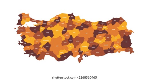 Turkey political map of administrative divisions - provinces. Flat vector map with name labels. Brown - orange color scheme.