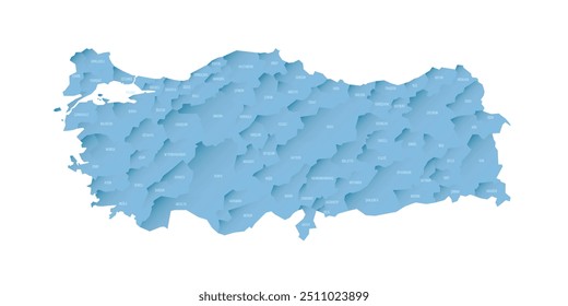 Turkey political map of administrative divisions - provinces. Shaded vector map with 3D-like blue gradient and name labels