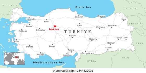 Turkey Political Map with capital Ankara, most important cities with national borders