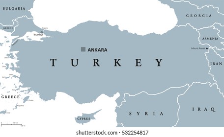 Turkey political map with capital Ankara, national borders and neighbor countries. Republic in Eurasia. Gray illustration with English labeling on white background. Vector.