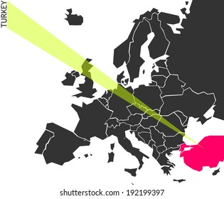 Turkey - political map of Europe with marked state. Marker looks like ray of light. (vector illustration)