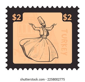 Turkey postcards or postmarks with dancing dervish. Turkish culture and traditional clothes, customs. Postal mark or card, mail correspondence monochrome sketch outline. Vector in flat style