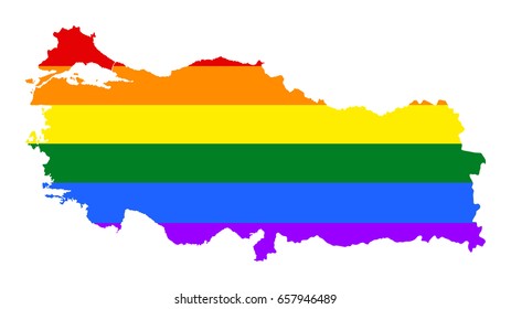 Turkey pride gay vector map with rainbow flag colors. Europe/Asia country. 