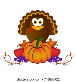 Turkey with a pumpkin and apples, Thanksgiving day, Vector illustration