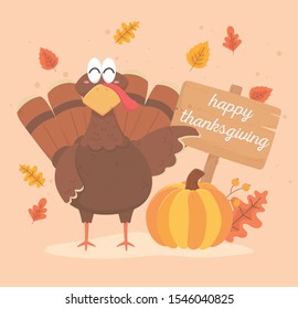 turkey with pumpkin and board happy thanksgiving celebration vector illustration