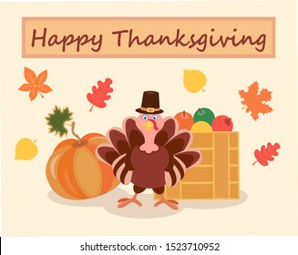 Turkey, pumpkin and a box of apples on a background of autumn foliage, the concept of Happy thanksgiving. Autumn gifts, greeting of the traditional character the Turkey. Vector illustration.