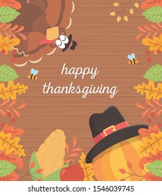 turkey pumpkin corn bee foliage wooden background happy thanksgiving celebration poster vector illustration