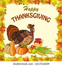 Turkey and pumpkins in the illustration.Thanksgiving day vector illustration with turkey, pumpkins, corn and fruits in autumn leaves frame.