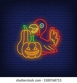 Turkey and pumpkins neon sign. Thanksgiving Day, Halloween design. Night bright neon sign, colorful billboard, light banner. Vector illustration in neon style.