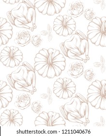 Turkey and pumpkins pattern Vector line art decor. Thanksgiving backgrounds