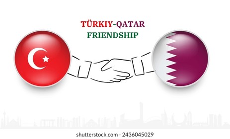 Banderas de Turquía y Qatar en círculo con la mano temblorosa. Turquía Y Qatar Amistad. Banderas turcas y qataríes, aisladas sobre fondo blanco. Conjunto de iconos vectoriales. Ilustración vectorial.