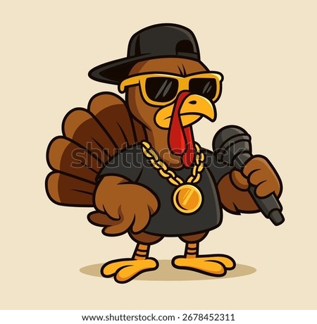 Turkey rapper cartoon character. Vector illustration for Thanksgiving. Cool Turkey bird in glasses and cap.