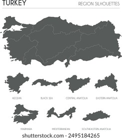Turkey region silhouettes set and blank map of the country isolated on white background. Vector illustration design